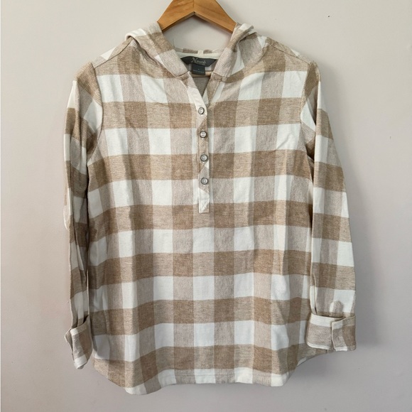 Natural Reflections (S) women’s cream tan plaid button up hoodie - Picture 1 of 6
